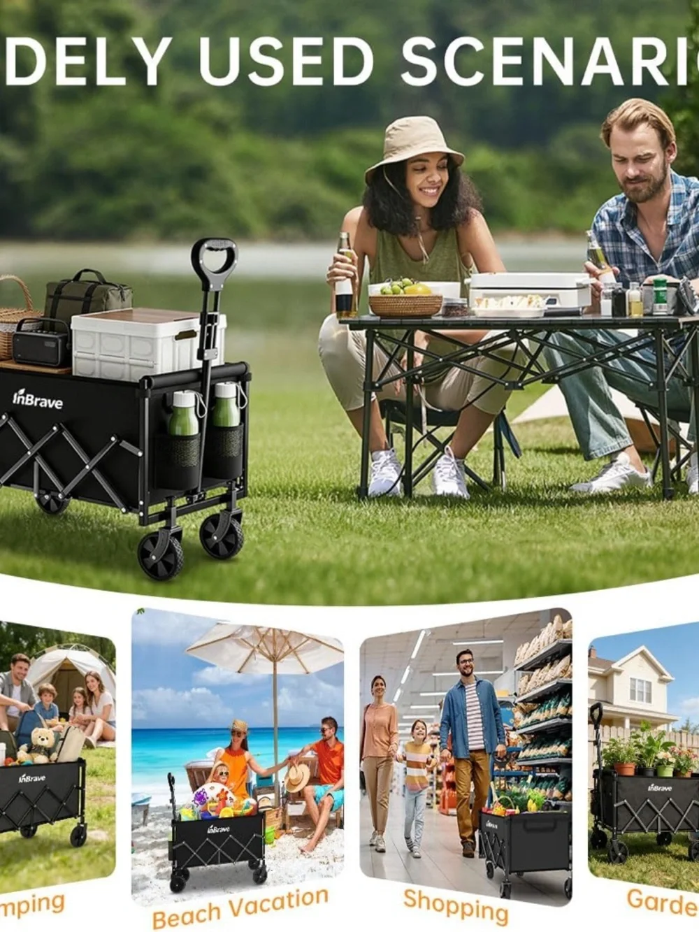 Foldable Utility Wagon Cart in Black Holds 380 Pounds